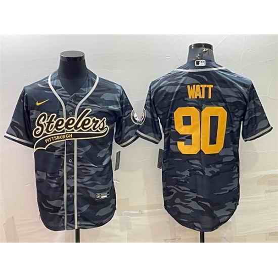 Men Pittsburgh Steelers #90 T  J  Watt Grey Navy Camo With Patch Cool Base Stitched Baseball Jersey