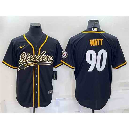 Men Pittsburgh Steelers #90 T J  Watt Black With Patch Cool Base Stitched Baseball Jersey