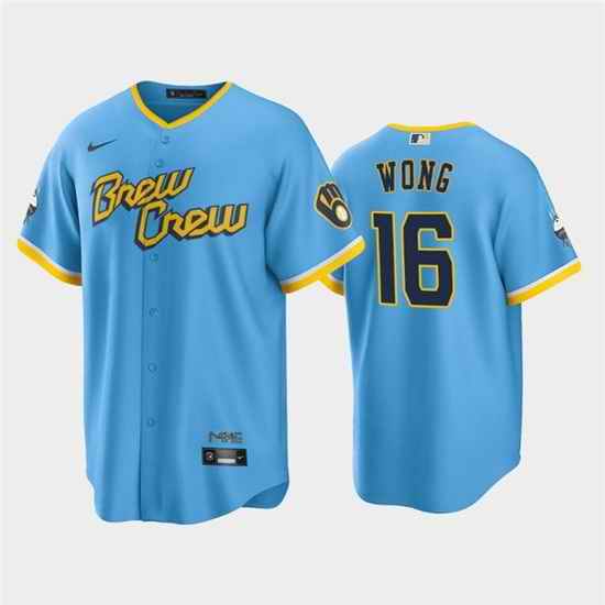 Men Milwaukee Brewers #16 Kolten Wong 2022 Powder Blue City Connect Cool Base Stitched Jersey