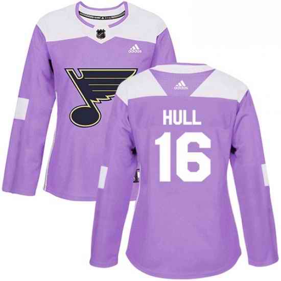 Womens Adidas St Louis Blues #16 Brett Hull Authentic Purple Fights Cancer Practice NHL Jersey