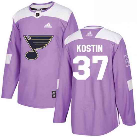 Mens Adidas St Louis Blues #37 Klim Kostin Authentic Purple Fights Cancer Practice NHL Jersey