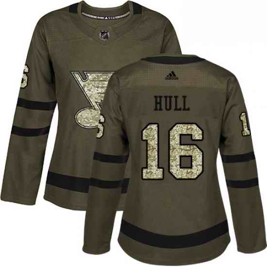 Womens Adidas St Louis Blues #16 Brett Hull Authentic Green Salute to Service NHL Jersey