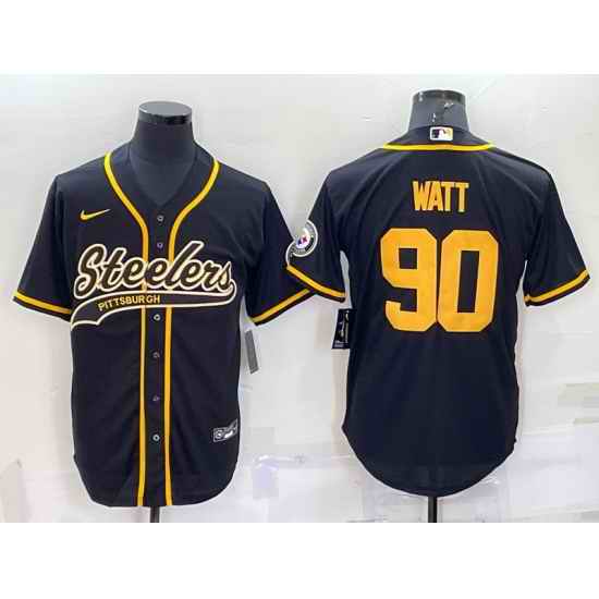 Men Pittsburgh Steelers #90 T J  Watt Black Gold With Patch Cool Base Stitched Baseball Jersey