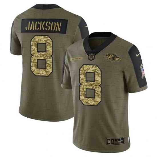 Men Baltimore Ravens #8 Lamar Jackson 2021 Salute To Service Olive Camo Limited Stitched Jersey