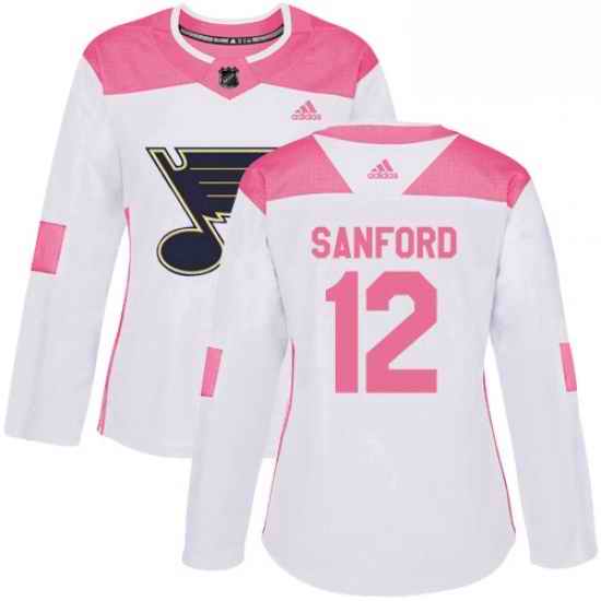 Womens Adidas St Louis Blues #12 Zach Sanford Authentic WhitePink Fashion NHL Jersey