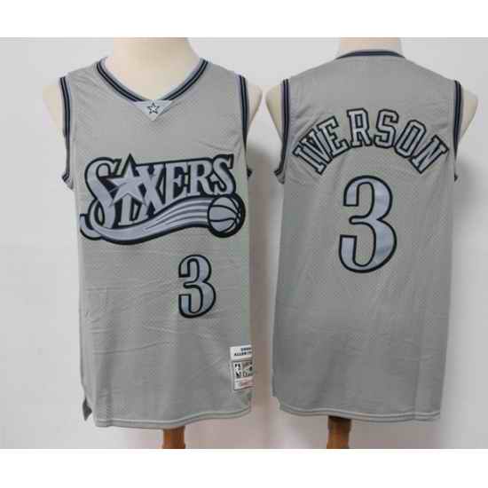 Men Philadelphia 76ers #3 Allen Iverson Grey Throwback Stitched Basketball Jersey
