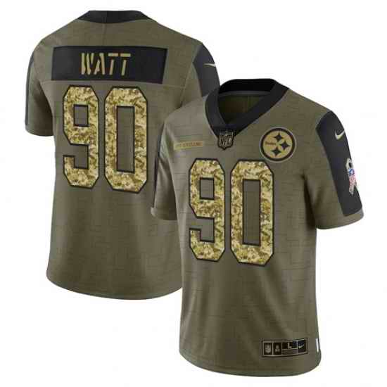 Men Pittsburgh Steelers #90 T J  Watt 2021 Salute To Service Olive Camo Limited Stitched Jersey