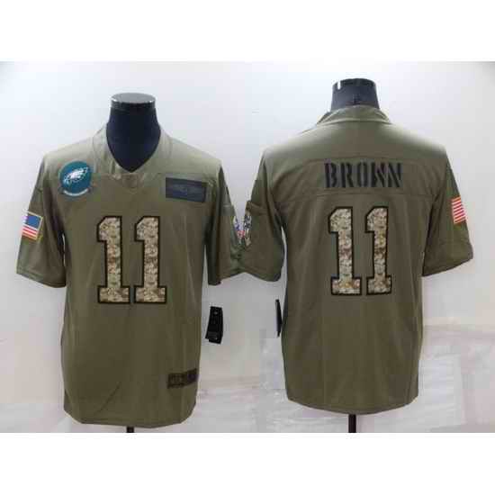 Men Philadelphia Eagles #11 A J Brown Olive Camo Salute To Service Limited Stitched Jerse