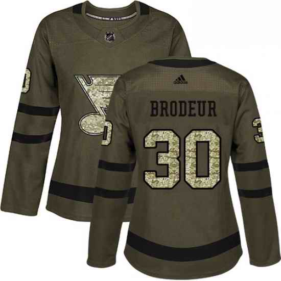 Womens Adidas St Louis Blues #30 Martin Brodeur Authentic Green Salute to Service NHL Jersey