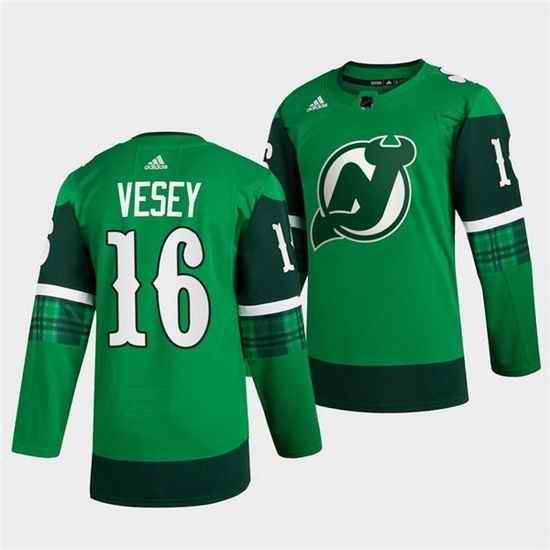Men New jerseyy Devils #16 Jimmy Vesey Green Warm Up St Patricks Day Stitched jersey