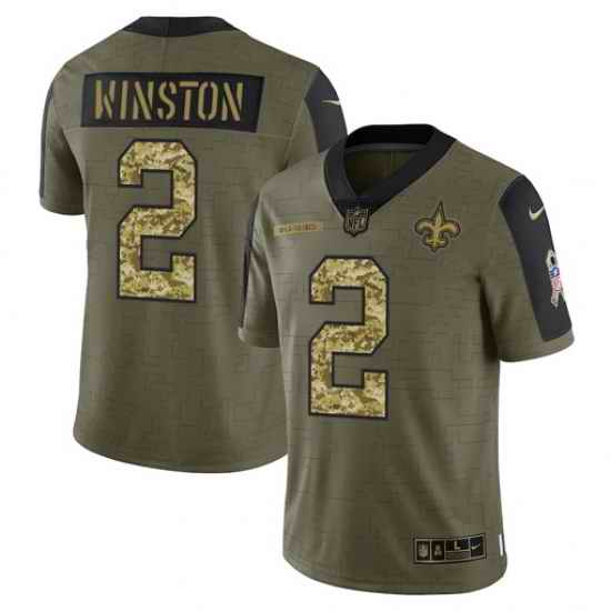 Men New Orleans Saints #2 Jameis Winston 2021 Salute To Service Olive Camo Limited Stitched Jersey
