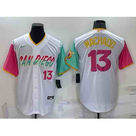 Men San Diego Padres #13 Manny Machado 2022 White City Connect Cool Base Stitched Jersey