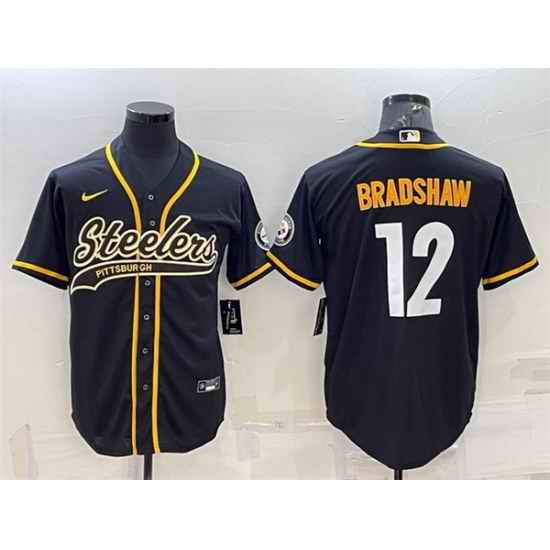 Men Pittsburgh Steelers #12 Terry Bradshaw Black With Patch Cool Base Stitched Baseball Jersey