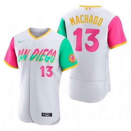 Men San Diego Padres #13 Manny Machado 2022 White City Connect Flex Base Stitched Baseball Jersey