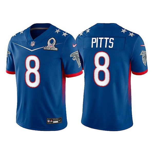 Men’s Atlanta Falcons #8 Kyle Pitts 2022 Royal NFC Pro Bowl Stitched Jersey