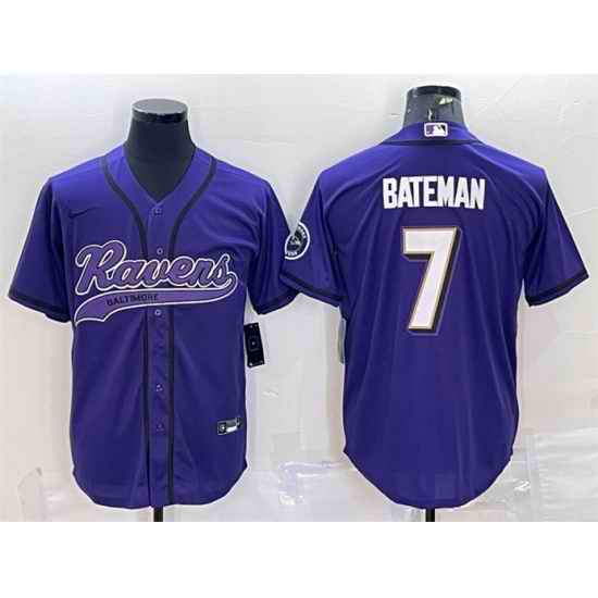 Men Baltimore Ravens #7 Rashod Bateman Purple With Patch Cool Base Stitched Baseball Jersey
