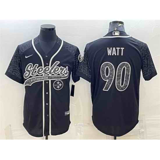 Men Pittsburgh Steelers #90 T J  Watt Black Reflective With Patch Cool Base Stitched Baseball Jersey