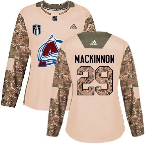 Adidas Colorado Avalanche #29 Nathan MacKinnon Camo Women’s 2022 Stanley Cup Final Patch Authentic Veterans Day Stitched NHL Jersey Womens