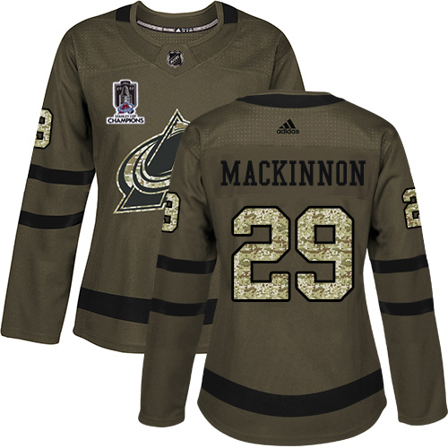 Adidas Colorado Avalanche #29 Nathan MacKinnon Green Women’s 2022 Stanley Cup Champions Salute To Service Stitched NHL Jersey Womens