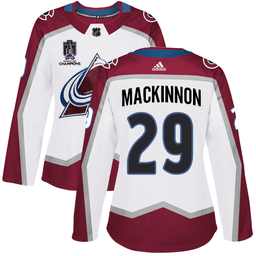 Adidas Colorado Avalanche #29 Nathan MacKinnon White Women’s 2022 Stanley Cup Champions Road Authentic Stitched NHL Jersey Womens