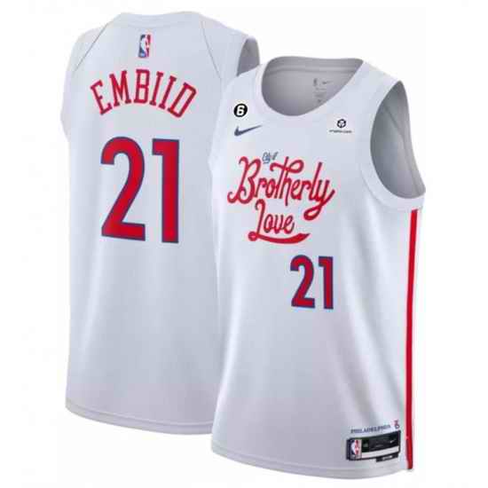 Men Philadelphia 76ers 21 Joel Embiid White 2022 23 City Edition With NO #6 Patch Stitched Basketball Jersey