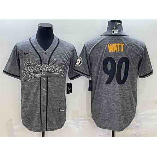 Men Pittsburgh Steelers #90 T J  Watt Grey With Patch Cool Base Stitched Baseball Jersey
