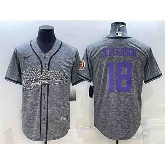 Men Minnesota Vikings #18 Justin Jefferson Grey With Patch Cool Base Stitched Baseball Jersey