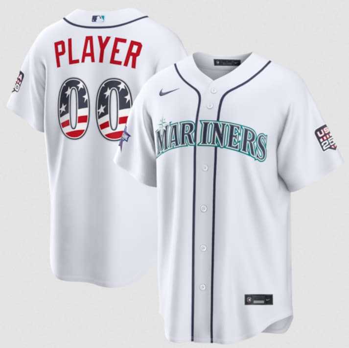 Men%27s Seattle Mariners Active Player Custom White 2026 All-Star Edition Stars & Stripes & USA 250 Fourth of July Home Stadium Stitched Baseball Jersey