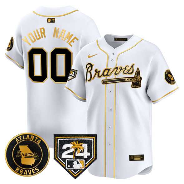 Men%27s Atlanta Braves Customized White Gold 2024 Spring Training Patch Limited Stitched Baseball Jersey
