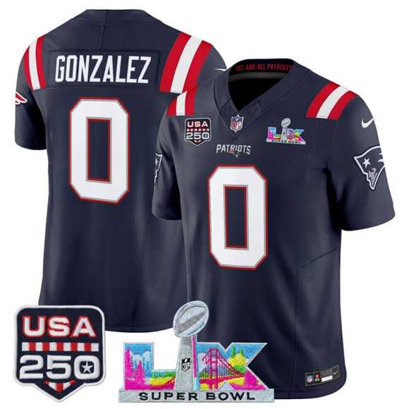 Men%27s New England Patriots #0 Christian Gonzalez Navy 2025 F.U.S.E. Super Bowl LX Patch And USA 250%27 Patch Vapor Limited Stitched Jersey