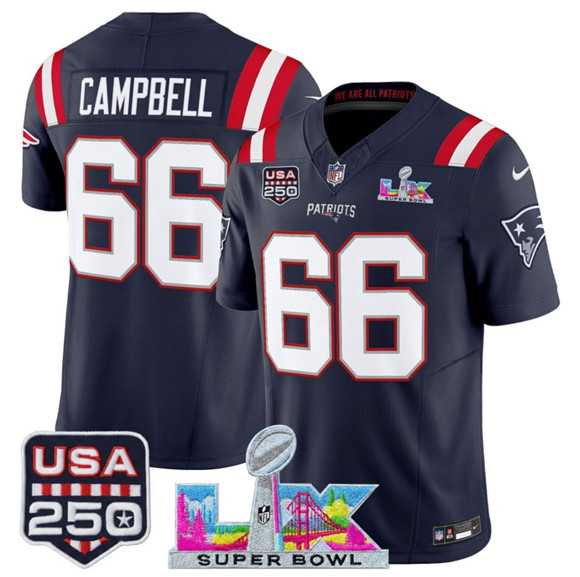 Men%27s New England Patriots #66 Will Campbell Navy 2025 F.U.S.E. Super Bowl LX Patch And USA 250%27 Patch Vapor Limited Stitched Jersey