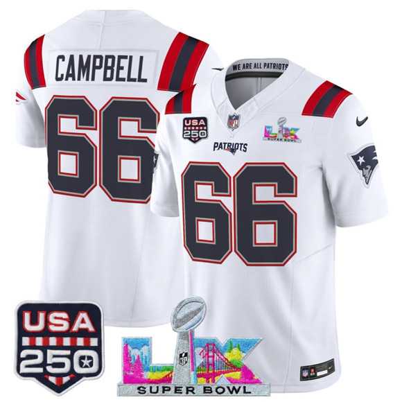 Men%27s New England Patriots #66 Will Campbell White 2025 F.U.S.E. Super Bowl LX Patch And USA 250%27 Patch Vapor Limited Stitched Jersey