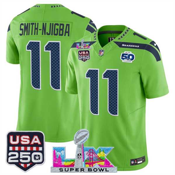 Men%27s Seattle Seahawks #11 Jaxon Smith-Njigba Green 2025 F.U.S.E. Super Bowl LX Patch And 50th Season & USA 250%27 Patch Vapor Limited Stitched Jersey
