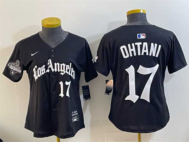 Women%27s Los Angeles Dodgers #17 Shohei Ohtani Black 2025 World Series Champions LA Gothic Edition Limited Stitched Jersey Dzhi