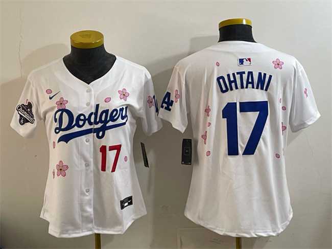 Women%27s Los Angeles Dodgers #17 Shohei Ohtani White 2025 World Series Champions Patch Tokyo Series Limited Stitched Jersey Dzhi