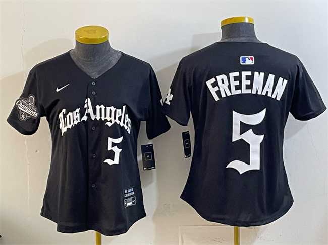 Women%27s Los Angeles Dodgers #5 Freddie Freeman Black 2025 World Series Champions LA Gothic Edition Limited Stitched Jersey Dzhi
