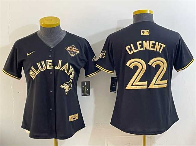 Women%27s Toronto Blue Jays #22 Ernie Clement Black Gold 2025 American League Champions Limited Stitched Jersey Dzhi