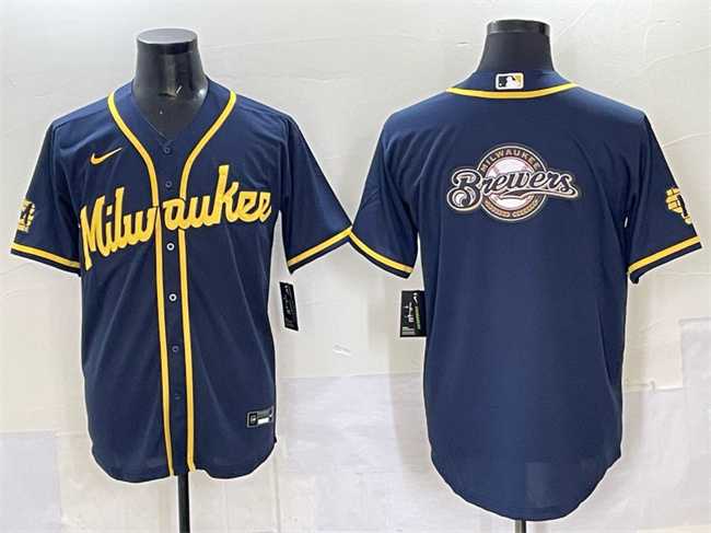 Men%27s Milwaukee Brewers Team Big Logo Navy 2025 With Patch Stitched Jersey