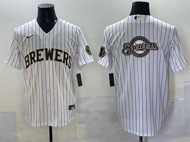 Men%27s Milwaukee Brewers Team Big Logo White Pinstripe 2025 With Patch Stitched Jersey