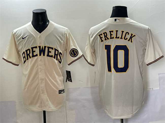 Men%27s Milwaukee Brewers #10 Sal Frelick Cream Cool Base Stitched Jersey