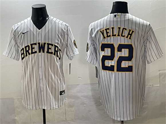Men%27s Milwaukee Brewers #22 Christian Yelich White Pinstripe 2025 With Patch Stitched Jersey