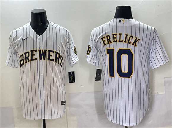 Men%27s Milwaukee Brewers #10 Sal Frelick White Pinstripe 2025 With Patch Stitched Jersey