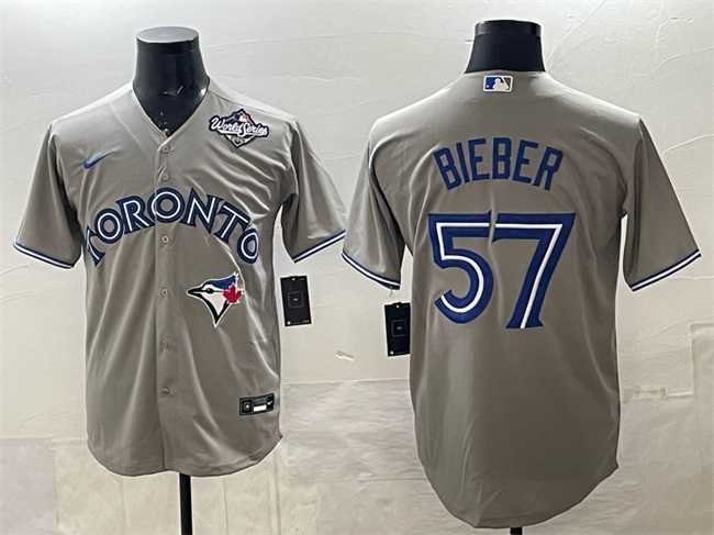 Men%27s Toronto Blue Jays #57 Shane Bieber Grey 2025 World Series Cool Base Stitched Jersey