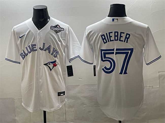 Men%27s Toronto Blue Jays #57 Shane Bieber White 2025 World Series Home Cool Base Stitched Jersey