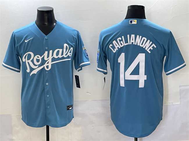 Men%27s Kansas City Royals #14 Jac Caglianone Light Blue Cool Base Stitched Baseball Jersey