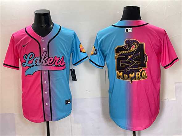 Men%27s Los Angeles Lakers Team Big Logo Pink Blue Limited Stitched Baseball Jersey