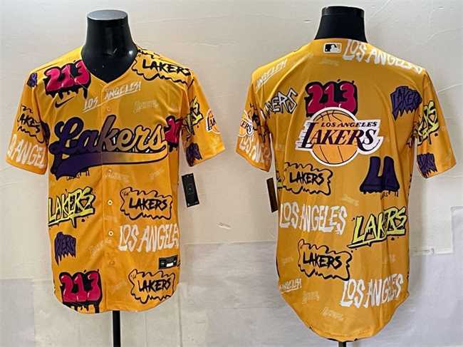 Men%27s Los Angeles Lakers Team Big Logo Yellow Limited Stitched Baseball Jersey