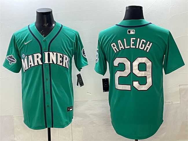 Men%27s Seattle Mariners #29 Cal Raleigh Aqua With 2025 AL West Division Champions Patch Limited Stitched jersey