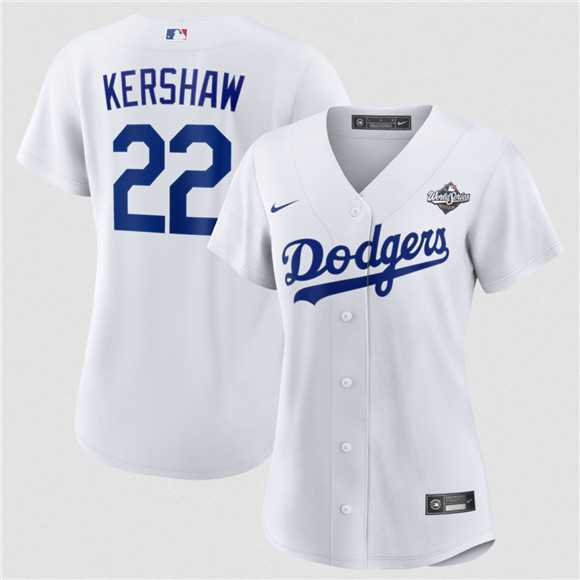 Women%27s Los Angeles Dodgers #22 Clayton Kershaw White 2025 World Series Home Cool Base Stitched Jersey Dzhi