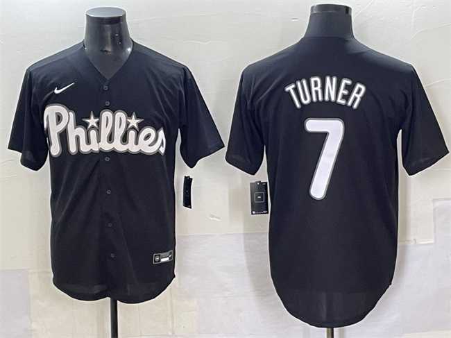 Men%27s Philadelphia Phillies #7 Trea Turner Black Lights Out Limited Stitched Baseball Jersey